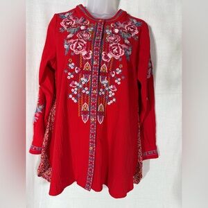 Calessa  Embroidered Red Floral Women's Top size M